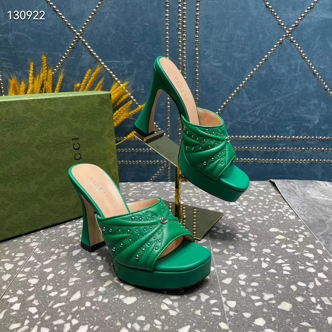 Gucci Women Heeled Slide Sandals Green Leather Studs Spool High 15 Cm Heel