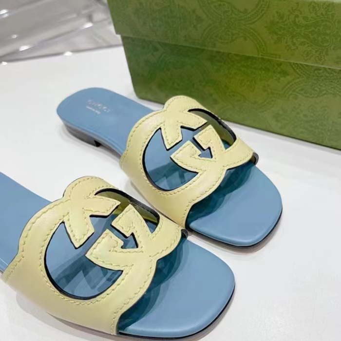 Gucci Unisex Interlocking G Cut-Out Slide Sandal Yellow Light Blue Suede Flat