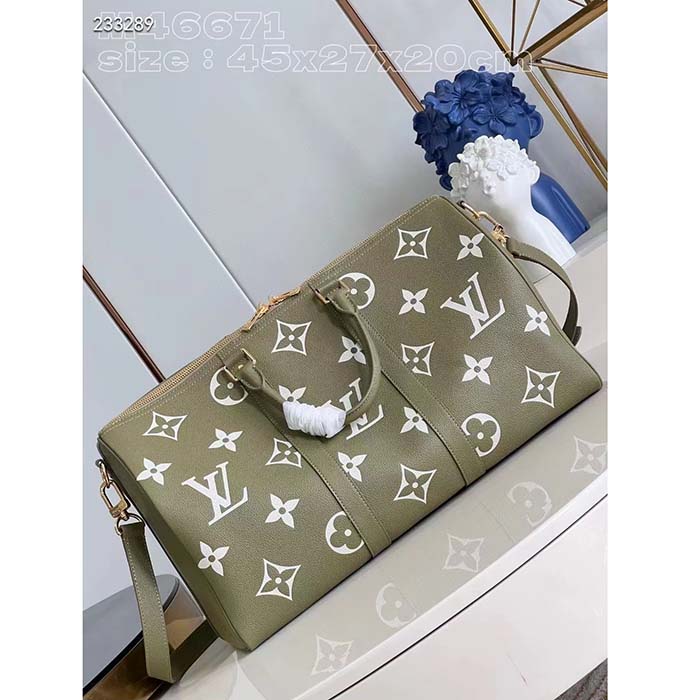 Louis Vuitton LV Unisex Keepall Bandoulière 45 Kaki Fango Cream Monogram Empreinte Embossed Cowhide Leather