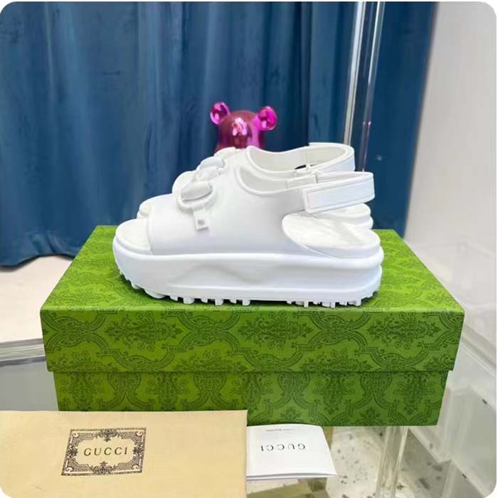 Gucci Women GG Horsebit Platform Sandal White Rubber Velcro Strap Closure