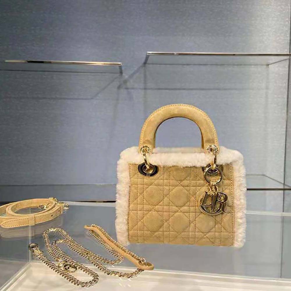 Dior Women Mini Lady Dior Bag Camel-Colored Cannage Shearling
