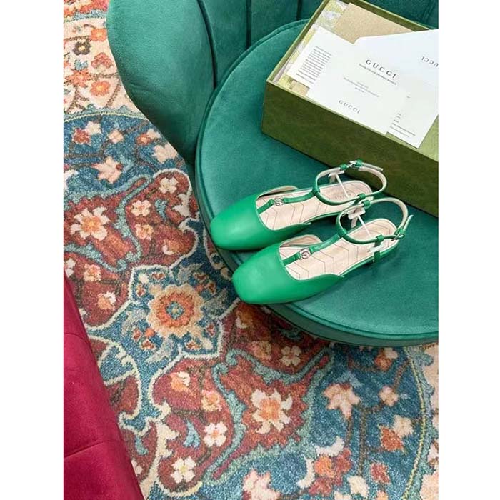 Gucci Women GG Double G Ballet Flat Light Green Leather Square Toe 1.5 CM Heel
