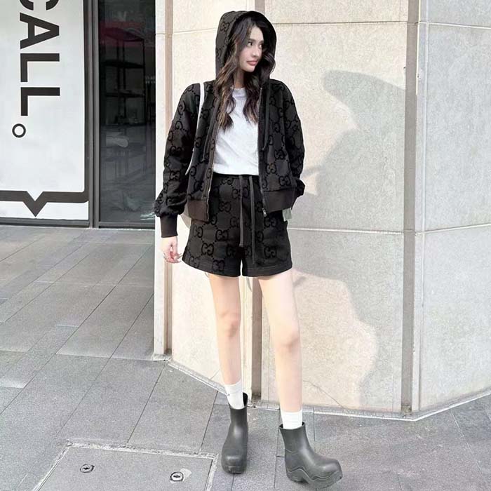 Gucci Women GG Brushed Cotton Hooded Sweatshirt Black Fixed Hood Dropped Shoulder Long Sleeves