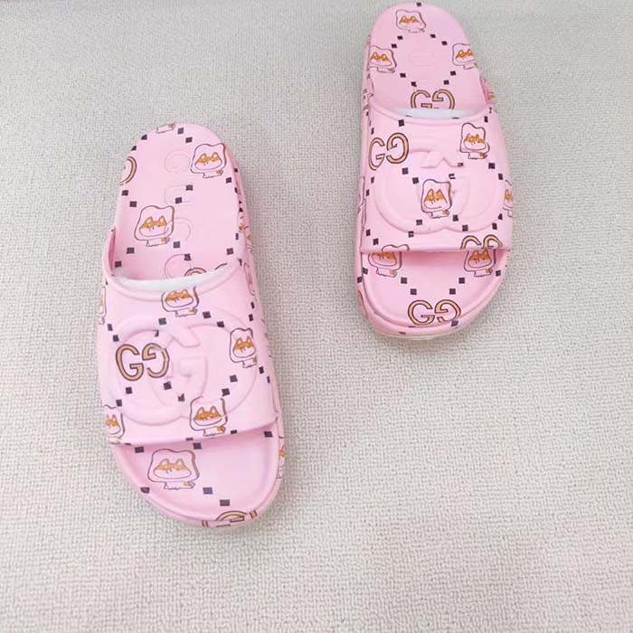 Gucci Unisex GG Animal Print Rubber Slide Sandal Pink Embossed Interlocking G Low Heel