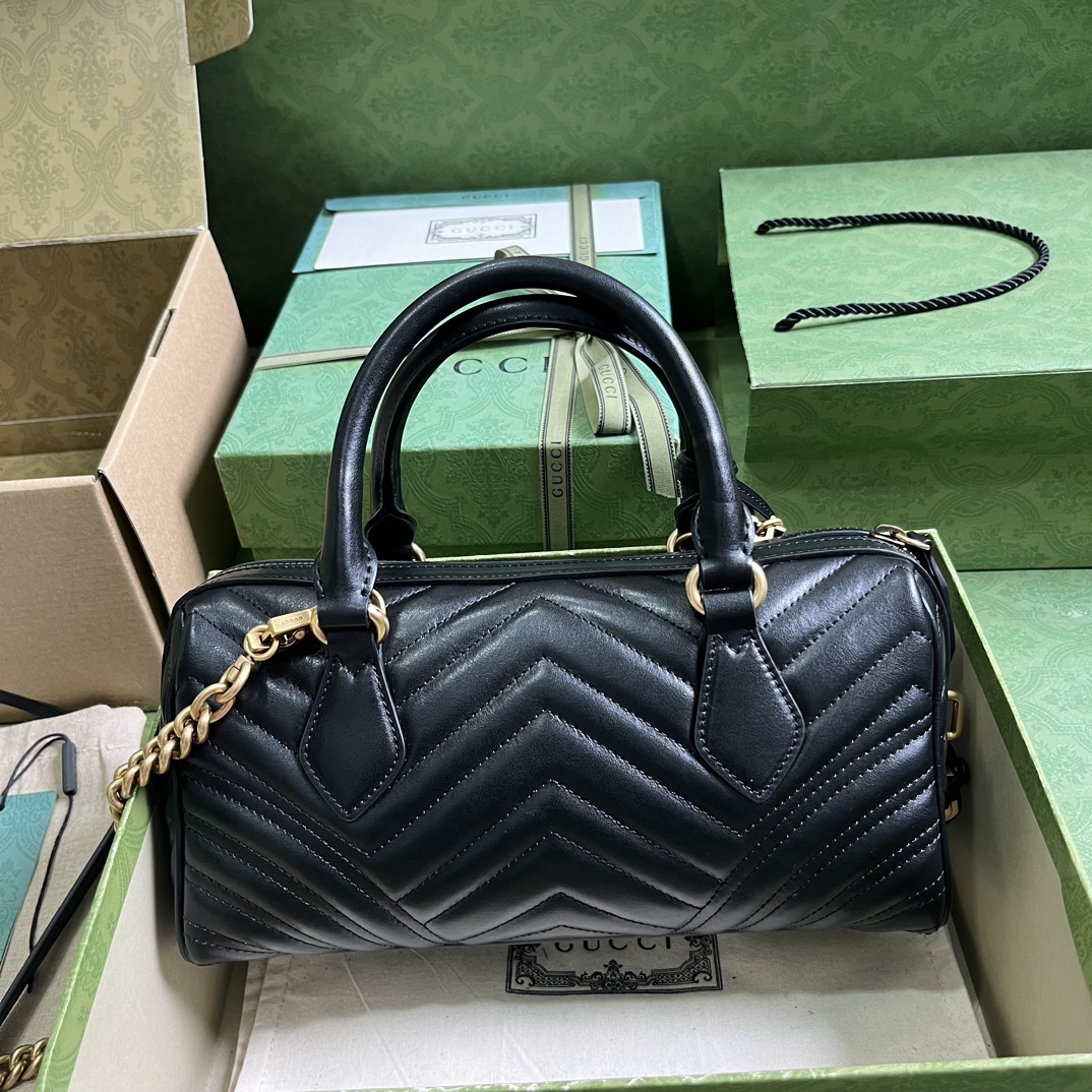 Gucci Women GG Marmont Small Top Handle Bag Black Matelassé Chevron Leather