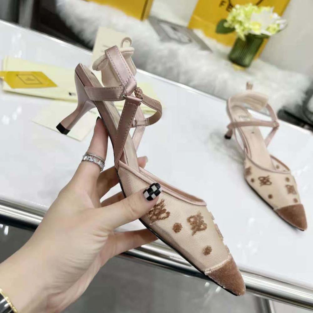 Fendi Women Colibri Lite Beige Mesh and FF Karligraphy Medium-Heel Slingbacks
