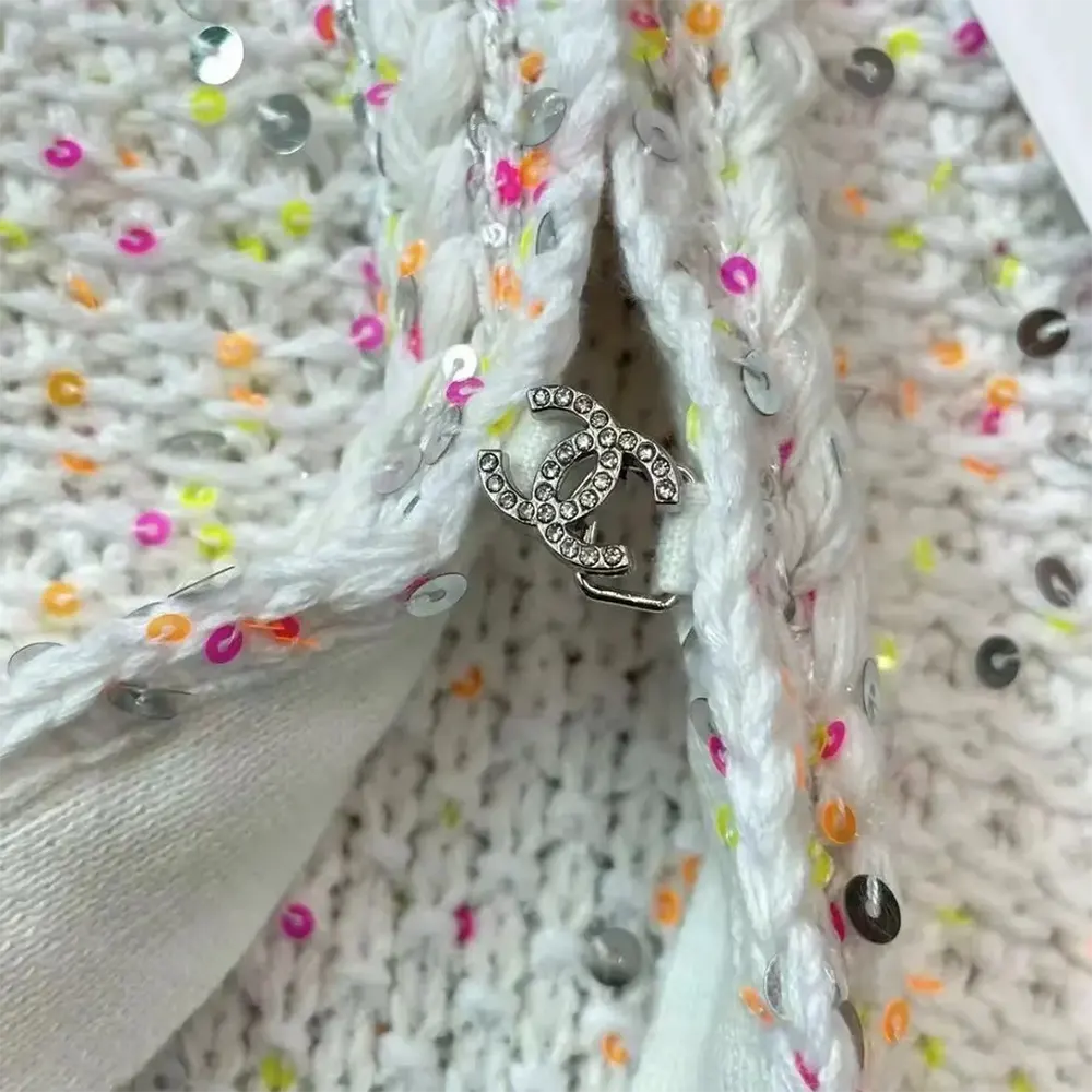 Chanel Women CC Coat Embroidered Cotton Wool Tweed Pink White