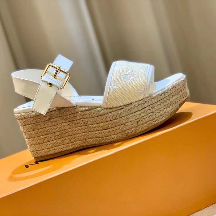 Louis Vuitton LV Women Starboard Wedge Sandal White Monogram-Embroidered Cotton