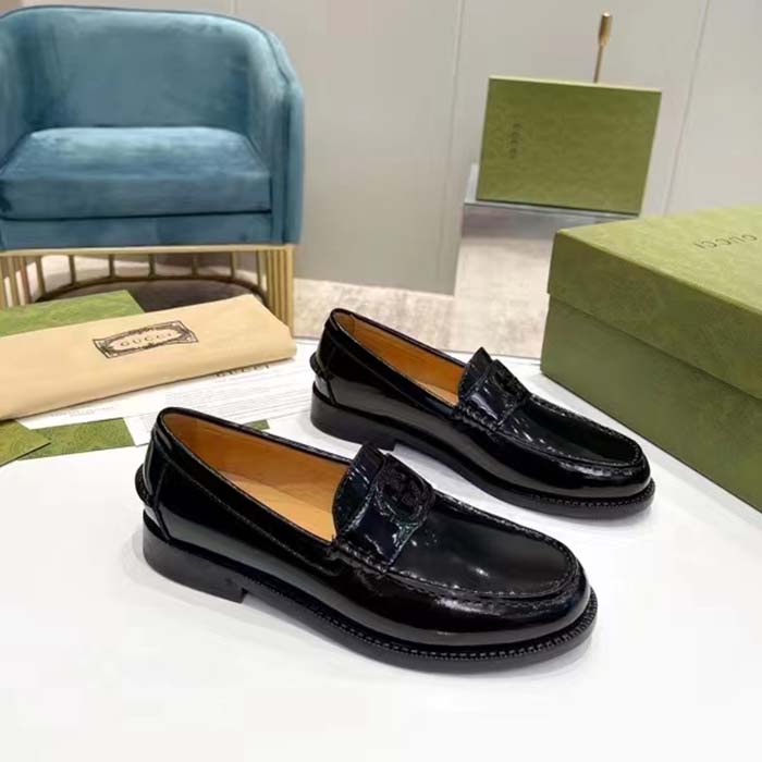 Gucci Unisex GG Interlocking G Loafer Black Leather Sole Flat 1.5 CM Heel