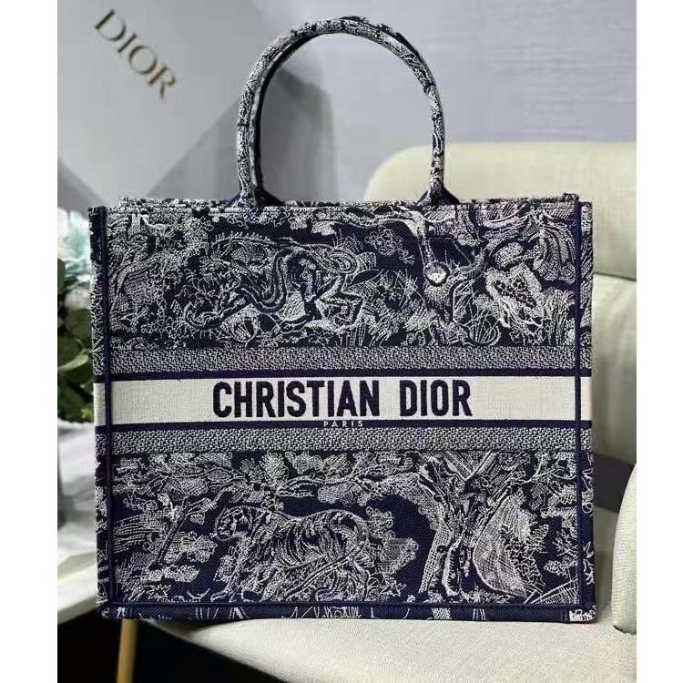 Dior Unisex Large Book Tote Blue Toile De Jouy Reverse Embroidery
