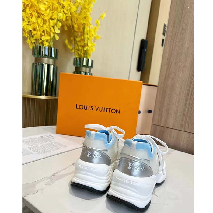 Louis Vuitton LV Unisex Run 55 Sneaker Denim Blue Mix Materials Lifted Rubber Outsole