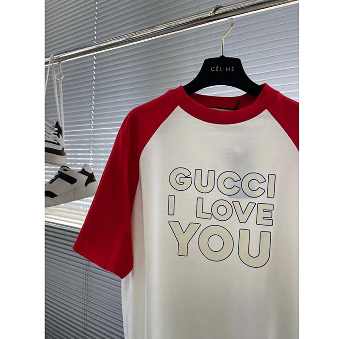 Gucci Women GG Cotton Jersey T-Shirt Red Off White Medium Crewneck Raglan Sleeves