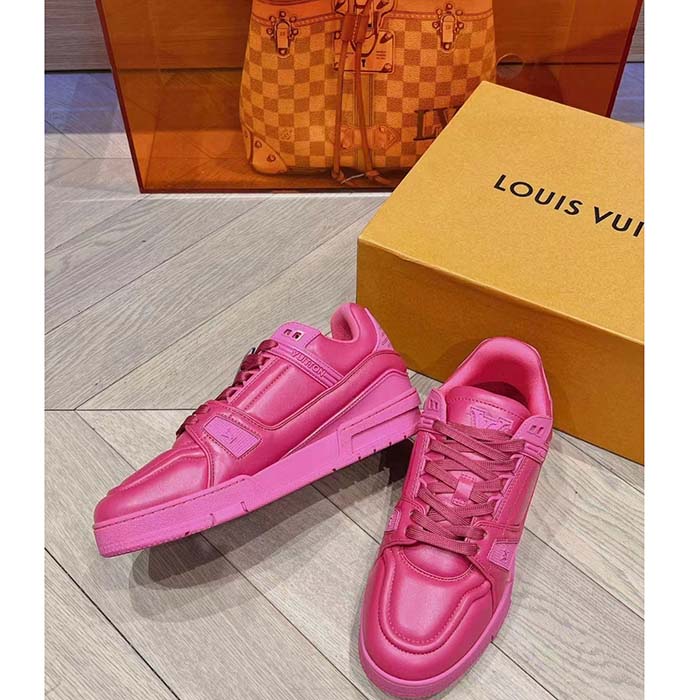 Louis Vuitton Unisex LV Trainer Sneaker Fuchsia Calf Leather Rubber Outsole Monogram Flower