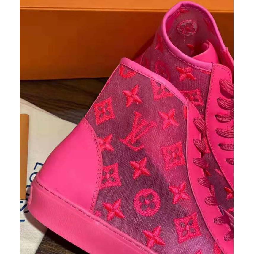 Louis Vuitton LV Unisex Tattoo Sneaker Boot in Damier Tartan Canvas with Monogram Embroidery-Pink