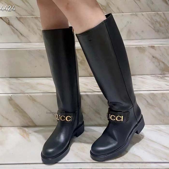Gucci Women GG Gucci Boot Black Leather Rubber Sole Side Zip Closure Flat 2.3 CM Heel