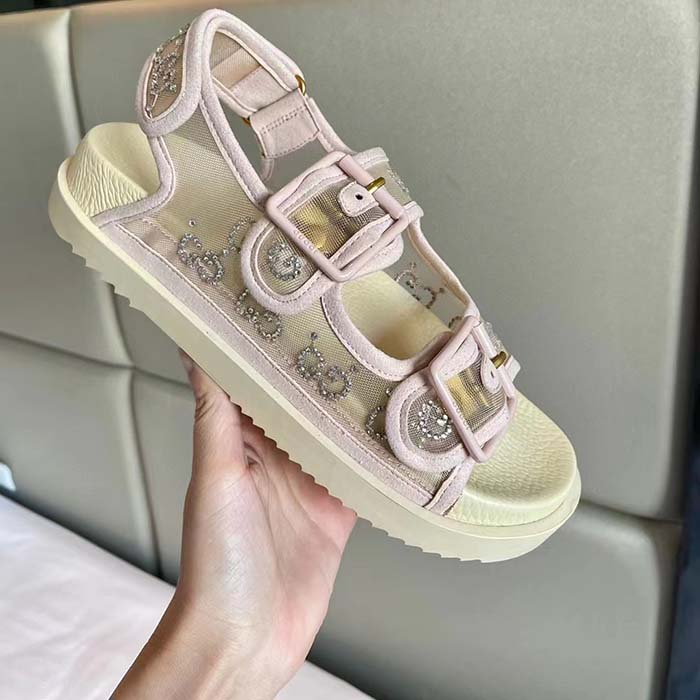 Gucci Women GG Sandal Crystals Rose Beige Mesh Tonal Suede Rubber Sole Flat