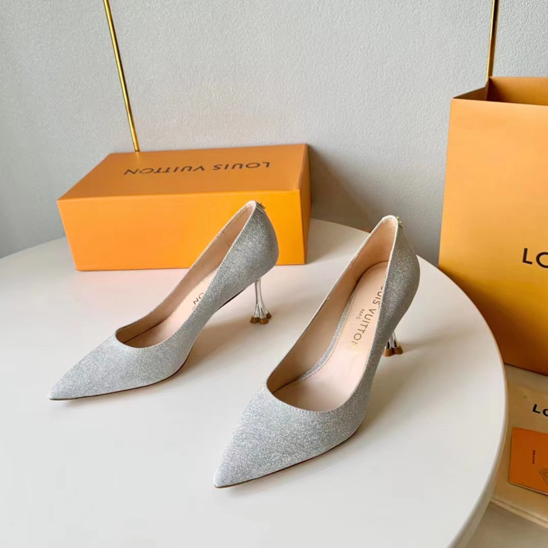 Louis Vuitton LV Women Blossom Pump Silver Textile Leather 9.5 CM Monogram Flower Heel