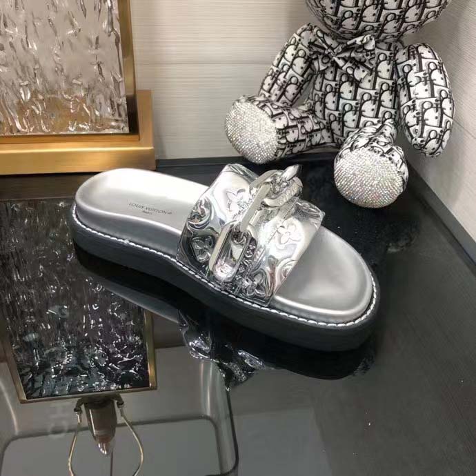 Louis Vuitton Women Sunset Flat Comfort Mule Silver Monogram Embossed Metallic Calf