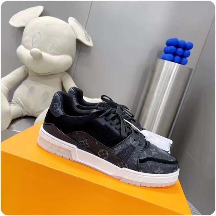 Louis Vuitton Unisex LV Trainer Sneaker Eclipse Monogram Canvas Rubber Outsole Initials Monogram Flowers