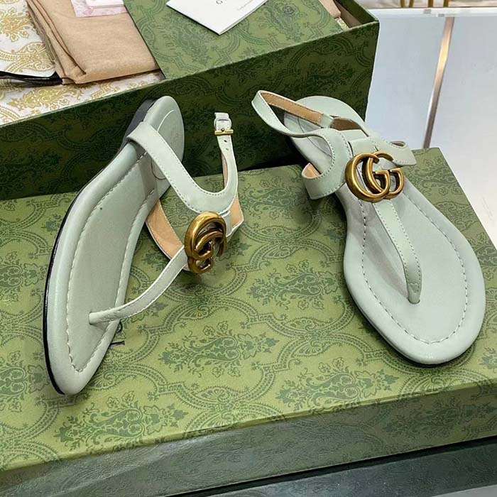Gucci Women GG Double G Thong Sandal Light Green Leather Flat 0.5 CM Heel