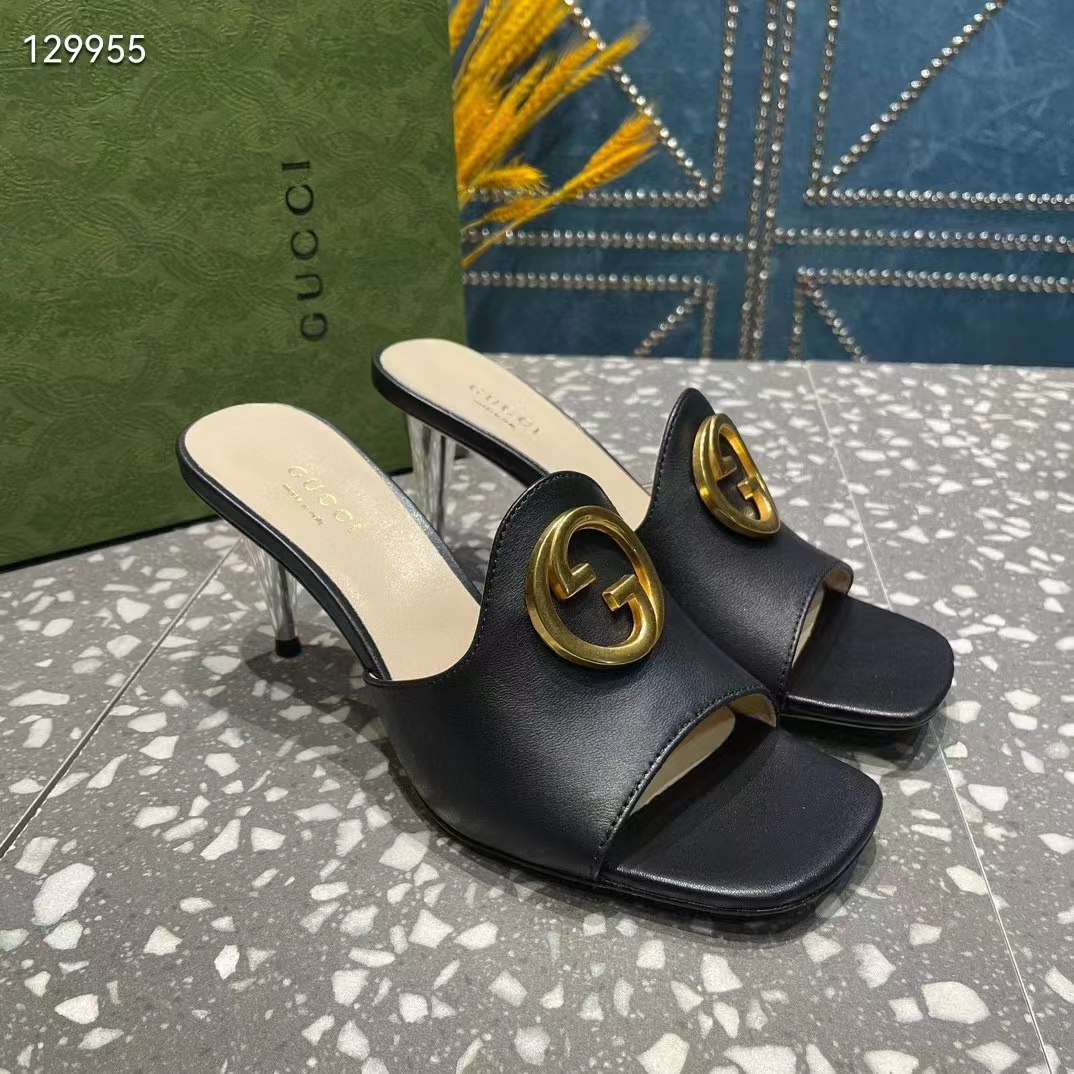Gucci Women GG Blondie Slide Sandal Black Leather Metallic Mid Heel 6.6 Cm Heel