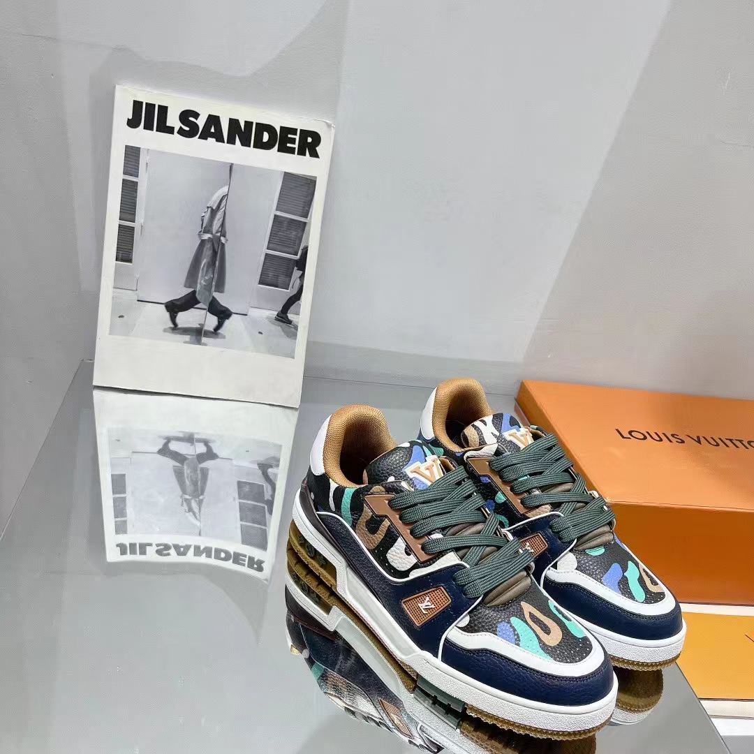 Louis Vuitton Unisex LV x YK LV Trainer Sneaker Khaki Green Camouflage-Printed Canvas Grained Calf