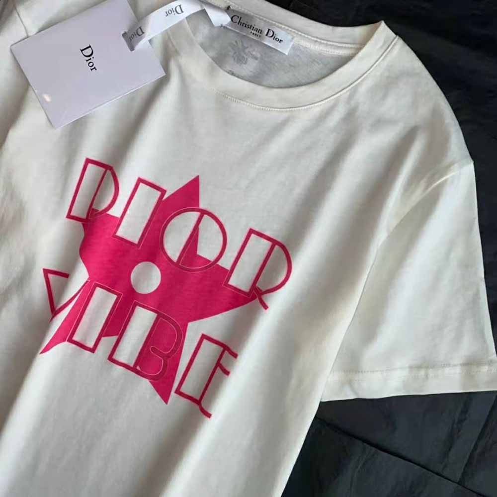 Dior Women Vibe T-shirt Ecru and Fluorescent Pink Cotton and Linen Jersey