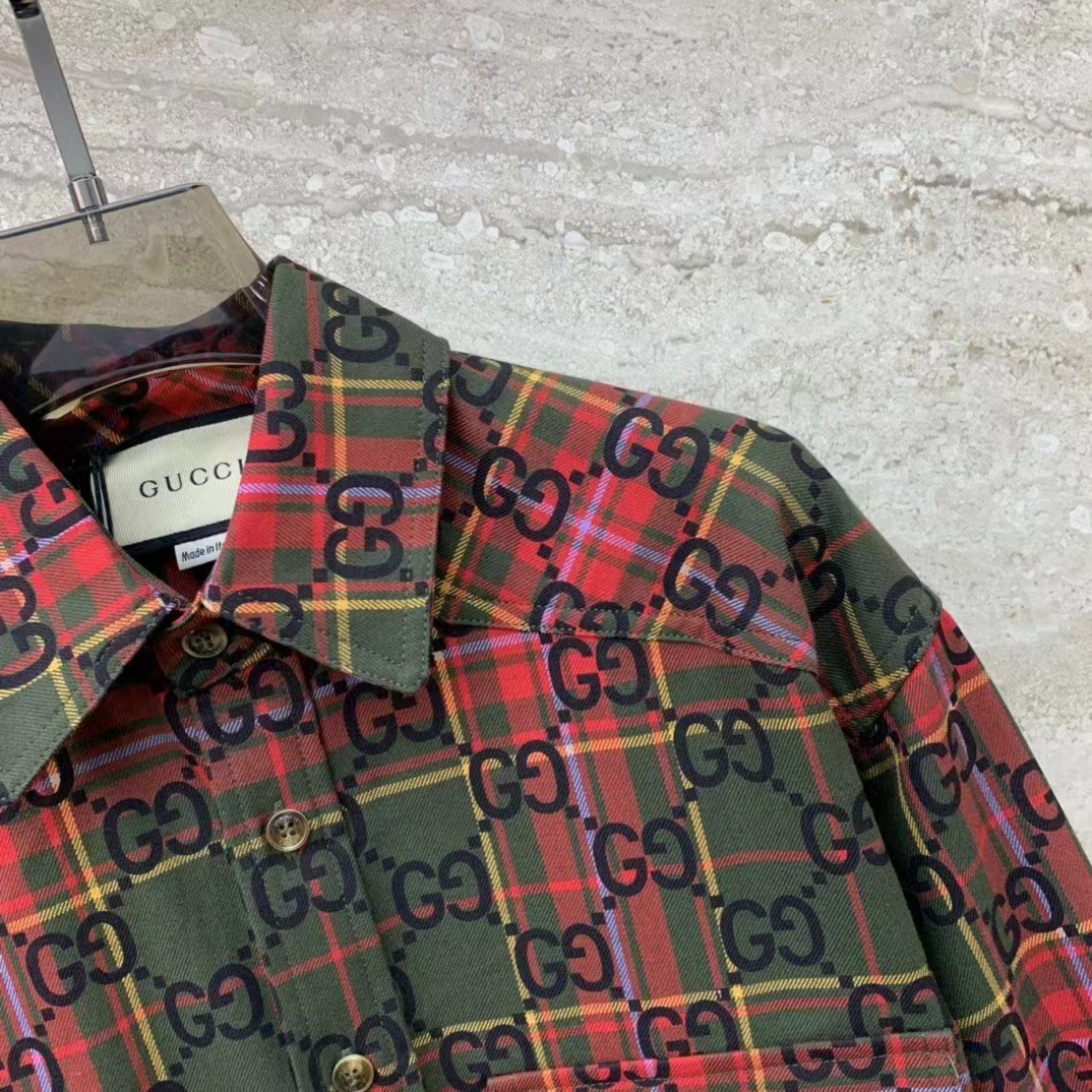Gucci Women GG Tartan Wool Shirt Green Red GG Point Collar Long Sleeves Button Cuffs