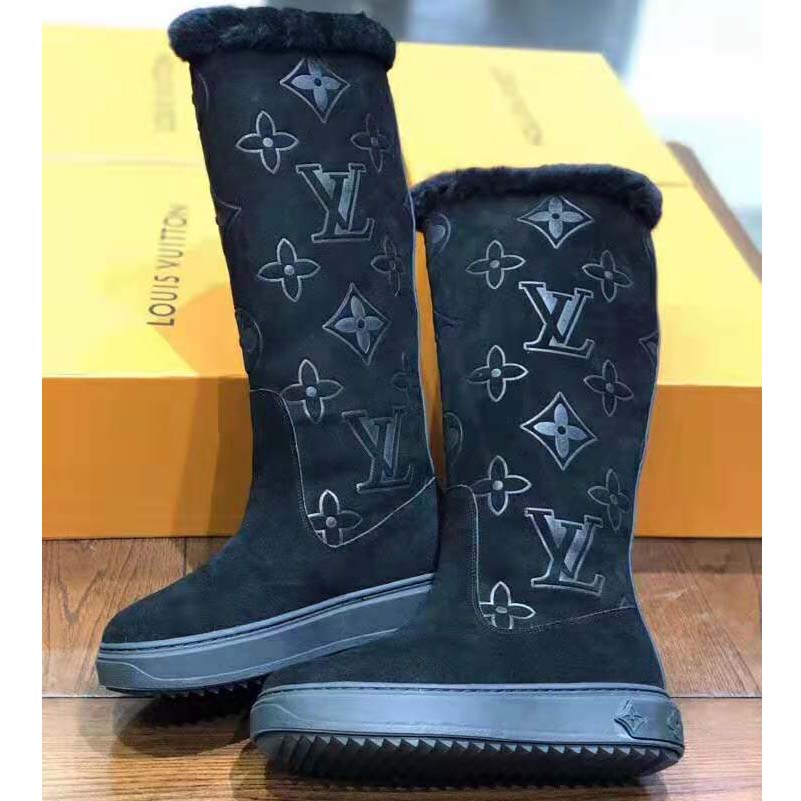 Louis Vuitton LV Women Breezy Half Boot in Black Suede Calf Leather with Monogram Canvas-Black