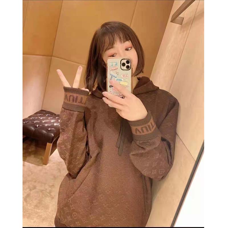 Louis Vuitton LV Women Monogram Hoodie Wool Polyester Brown Slightly Loose Fit