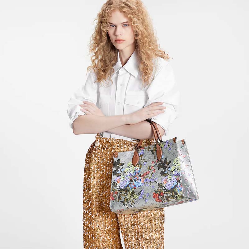 Louis Vuitton LV Women OnTheGo MM Tote Silver Coated Canvas Cowhide Leather