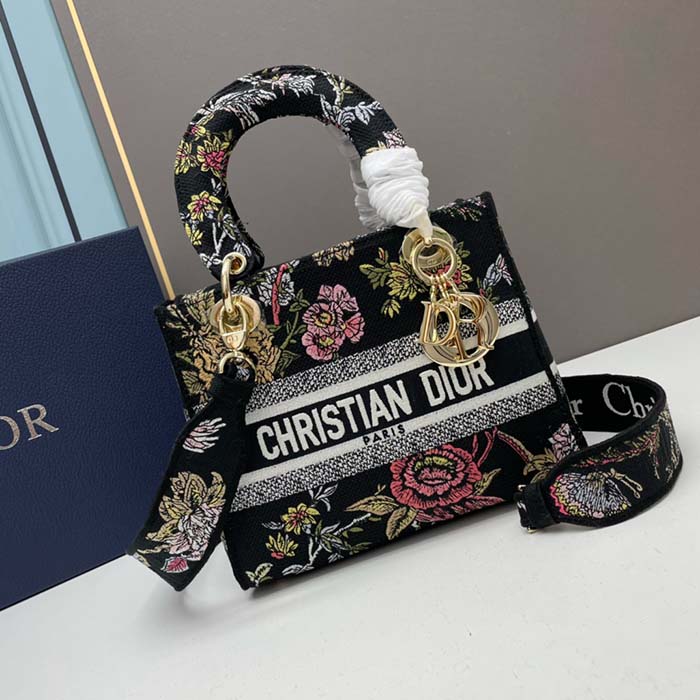 Dior Women CD Medium Lady D-Lite Bag Black Multicolor Jardin Botanique Embroidery