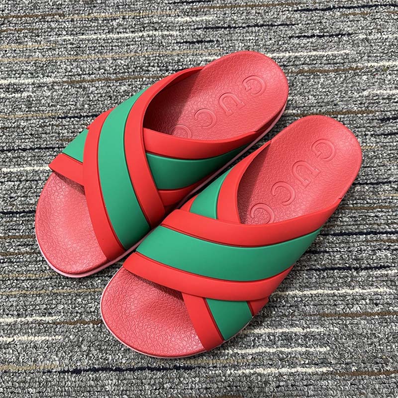 Gucci Women Web Slide Sandal Green Red Rubber Web Straps Rubber Sole Flat