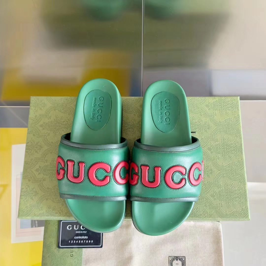 Gucci Unisex GG Slide Sandal Green Red Leather Script Rubber Flat 1 CM Heel