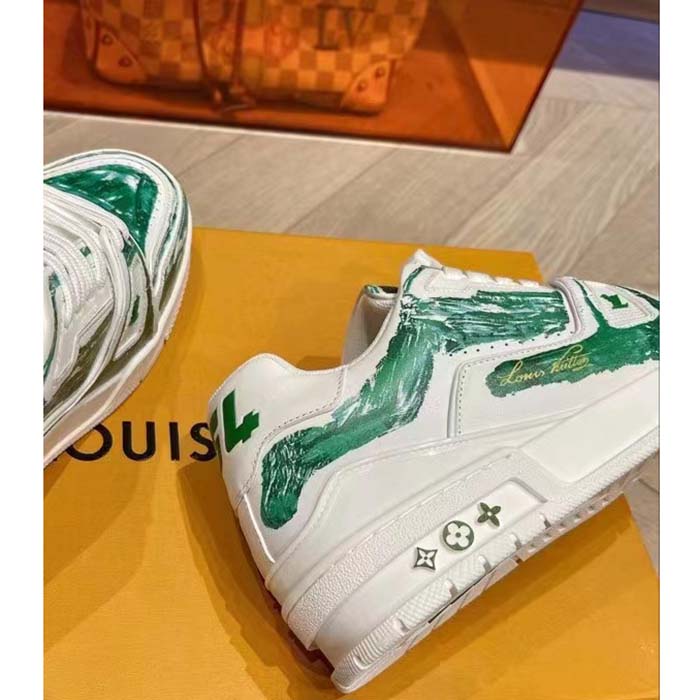Louis Vuitton Unisex LV Trainer Sneaker Green Printed Calf Leather Rubber Outsole Initials