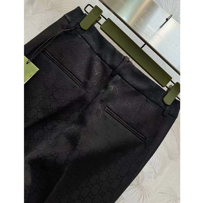 Gucci Women GG Wool Jacquard Pant Black Fitted Waistband Four Pleats Wide Leg