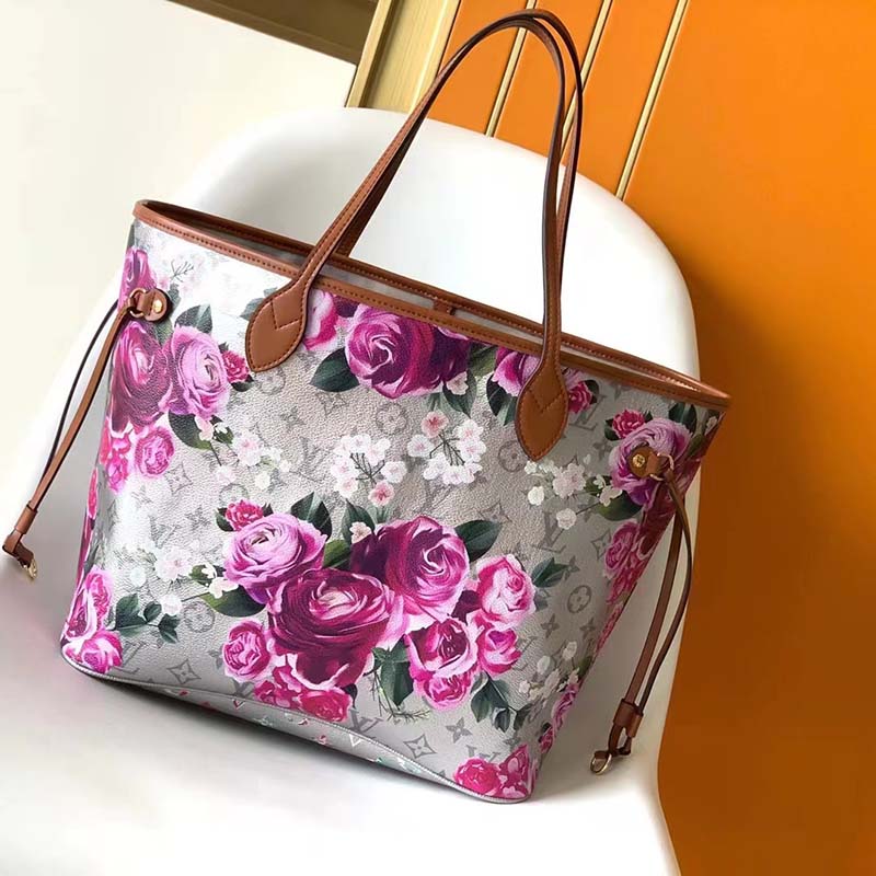 Louis Vuitton LV Women Neverfull MM Tote Bag Silver Coated Canvas Cowhide Leather