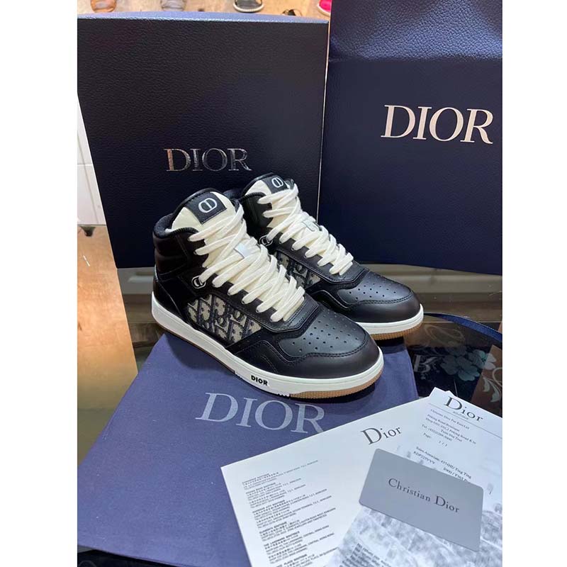 Dior Unisex Shoes CD B27 High-Top Sneaker Black Smooth Calfskin Beige Oblique Jacquard