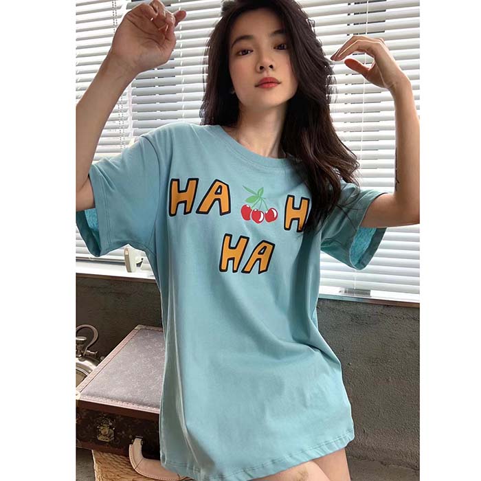 Gucci Women GG HA HA HA Cherry T-Shirt Light Blue Medium Cotton Jersey Crewneck
