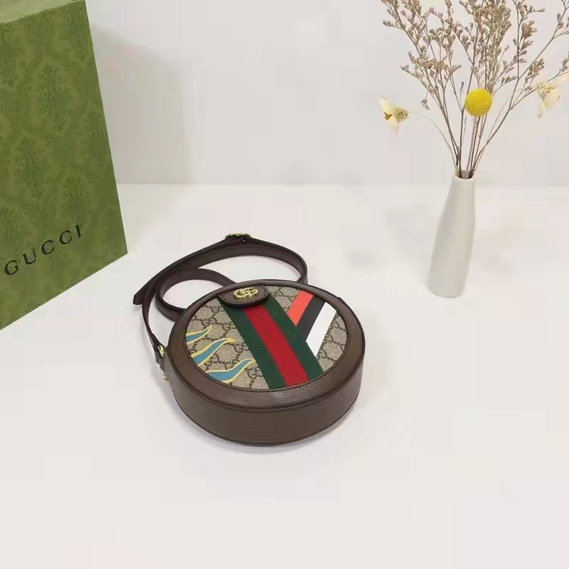 Gucci Unisex Round Shoulder Bag Double G Beige Ebony GG Supreme Canvas