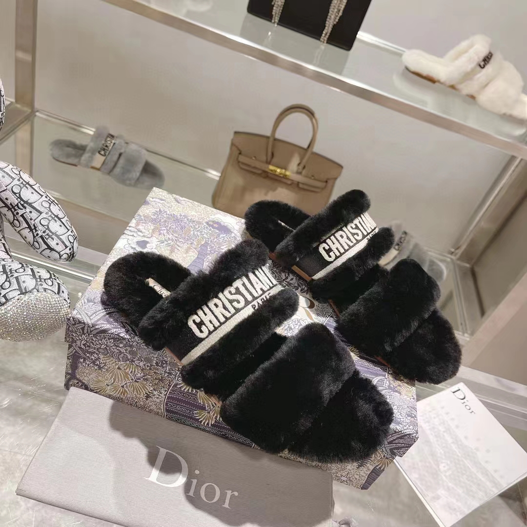 Dior Women CD Shoes Chez Moi Slide Black Embroidered Cotton Black Shearling