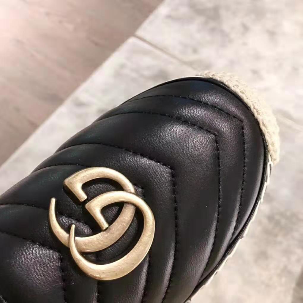 Gucci Women Leather Espadrille with Double G in Matelassé Chevron Leather-Black