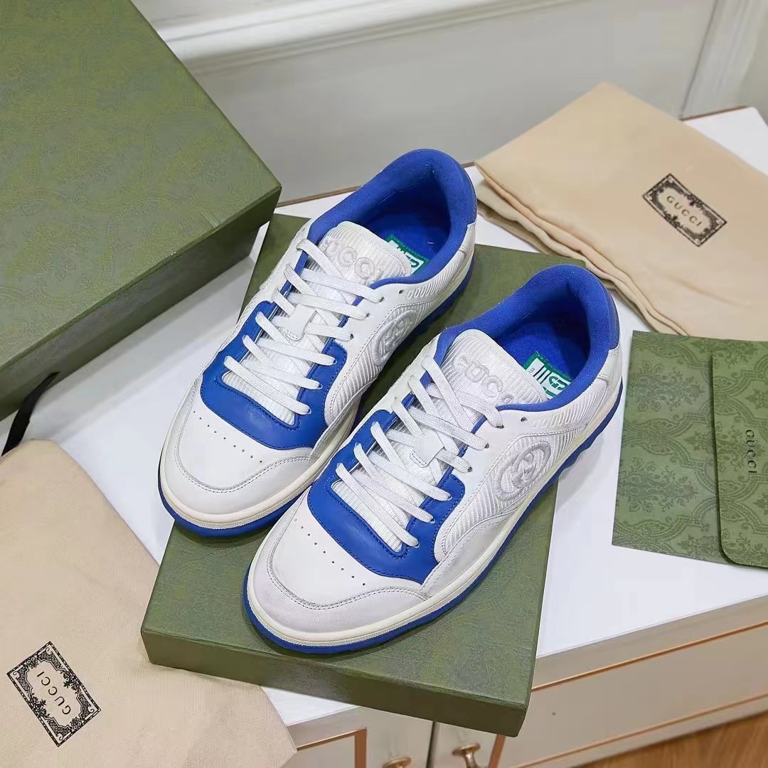Gucci Unisex GG MAC80 Sneaker Off White Blue Leather Round Toe Rubber Flat