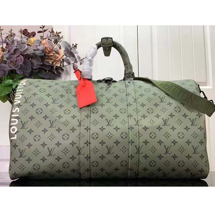 Louis Vuitton LV Unisex Keepall Bandoulière 55 Khaki Green Vermillion Red Monogram Canvas