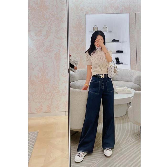 Dior Women CD Macrocannage Polo Shirt Ecru Alpaca Cashmere Silk Openwork Knit