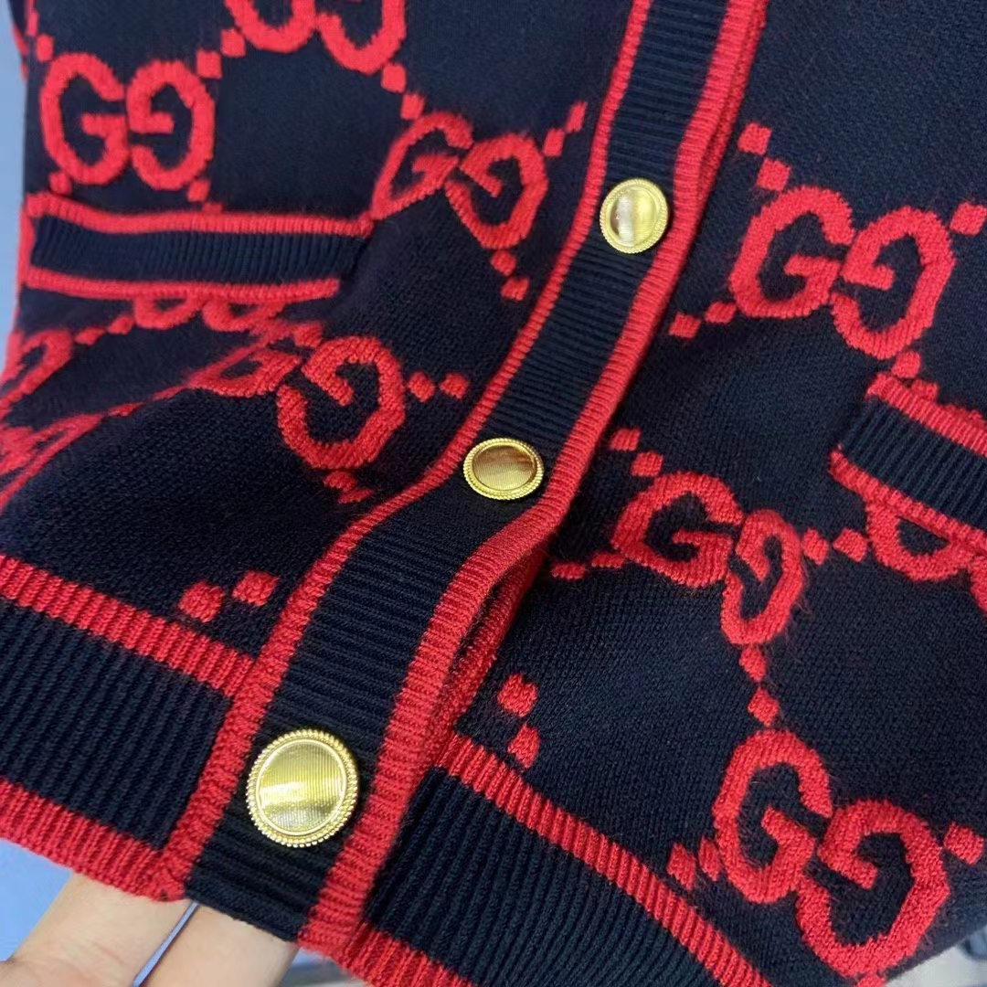 Gucci Women Wool Bouclé Jacquard Cardigan Blue Red GG Crewneck Long Sleeves