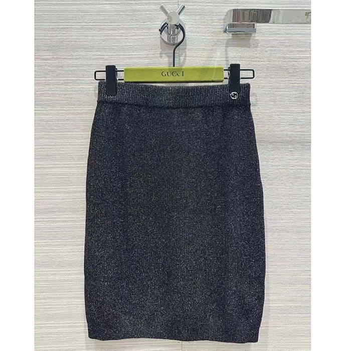 Gucci GG Women Rib Stitch Viscose Lamé Skirt Interlocking G Slip Lining Elastic Waist