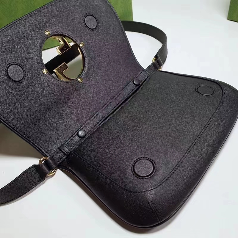 Gucci Women GG Blondie Shoulder Bag Black Leather Round Interlocking G