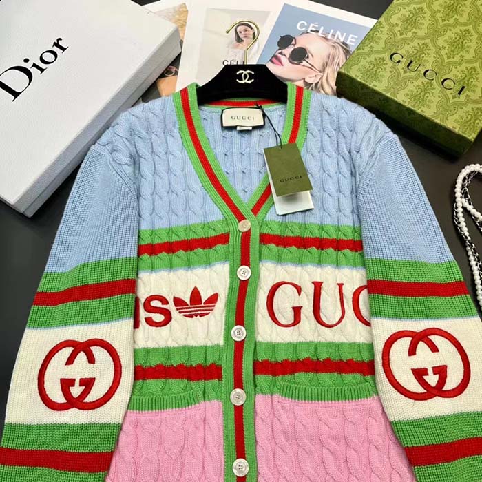 Gucci Men GG Adidas x Gucci Wool Cardigan Pink Blue Cable Stitch V-Neck