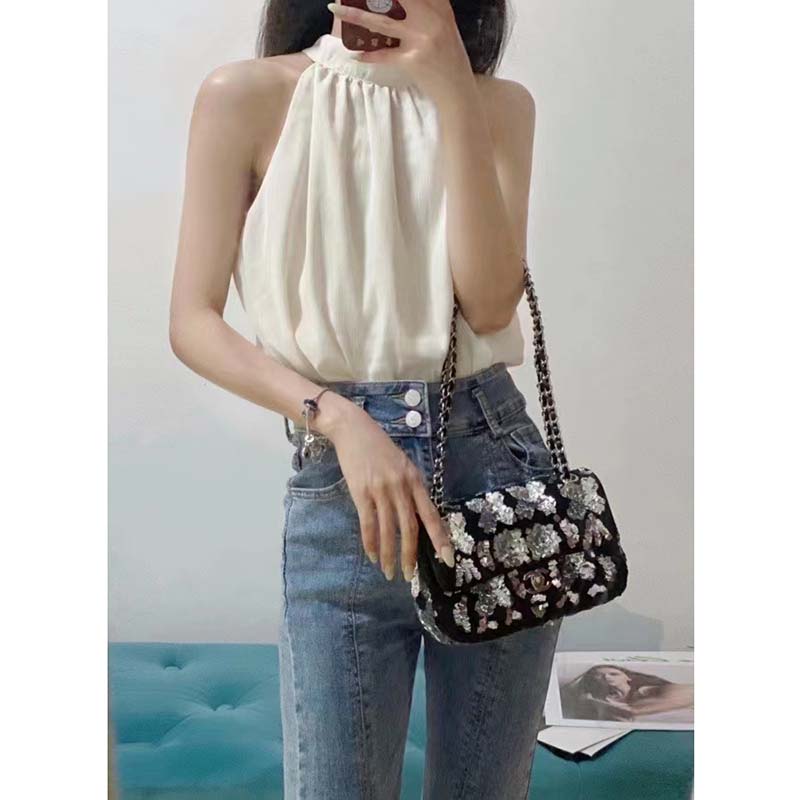 Chanel Women CC Classic Handbag Embroidered Velvet Sequins Silver-Tone Metal Black Silver